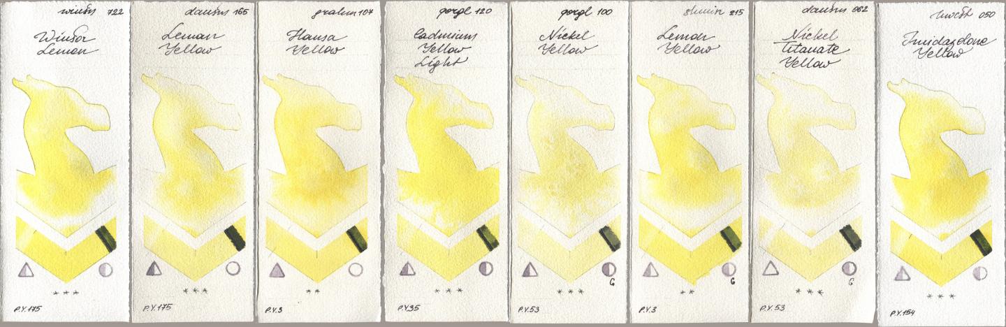 Winsor & Newton Professional 722 Winsor Lemon, Daniel Smith 165 Lemon Yellow, M. Graham & Co. Artists 107 Hansa Yellow, Golden QOR 120 Cadmium Yellow Light, 100 Nickel Yellow, Shminke Horadam Aquarell 215 Lemon Yellow, 062 Nickel Titanate Yellow, Holbein Artists Watercolor 050 Imidazolone Yell watercolor swatch