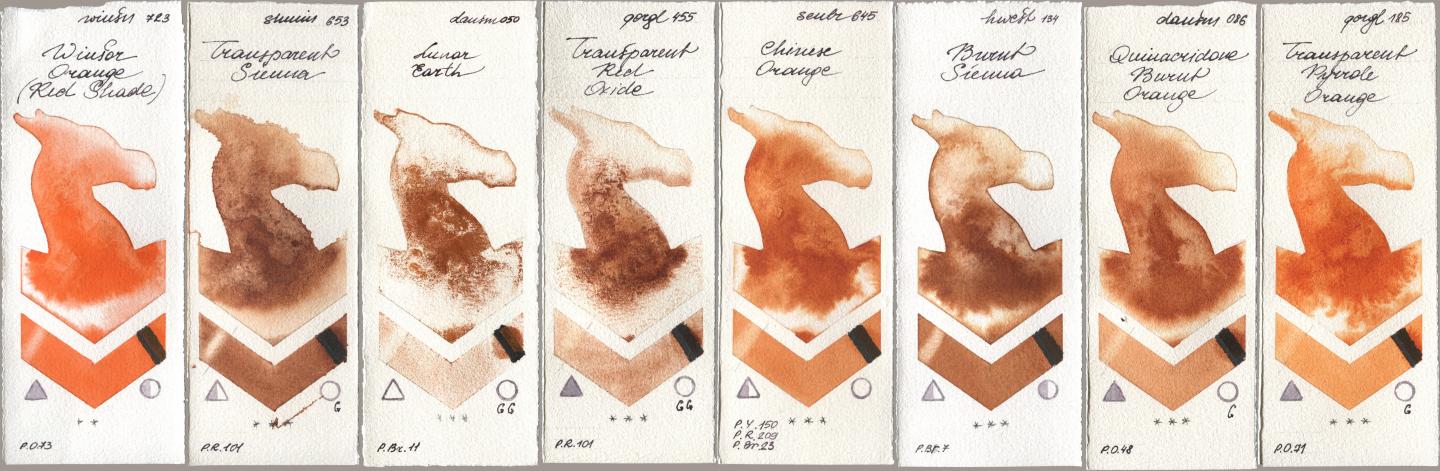 Winsor & Newton Professional 723 Winsor Orange (Red Shade), Shminke Horadam Aquarell 653 Transparent Sienna, Daniel Smith 050 Lunar Earth, Golden QOR 455 Transparent Red Oxide, Sennelier l Aquarelle 645 Chinese Orange, Holbein Artists Watercolor 134 Burnt Sienna, 086 Quinacridone Burnt Orange, 185 Transparent Pyrrole Oran watercolor swatch
