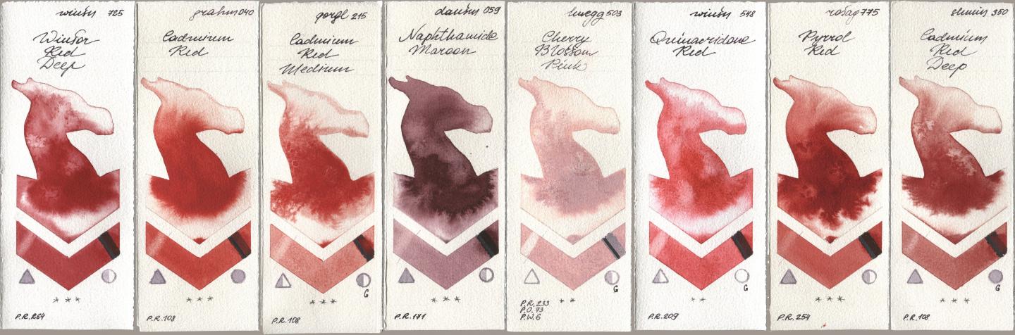 Winsor & Newton Professional 725 Winsor Red Deep, M. Graham & Co. Artists 040 Cadmium Red, Golden QOR 215 Cadmium Red Medium, Daniel Smith 059 Naphthamide Maroon, Holbein Artists Watercolor 503 Cherry Blossom Pink, 548 Quinacridone Red, Rosa Gallery 775 Pyrrole Red, Shminke Horadam Aquarell 350 Cadmium Red De watercolor swatch