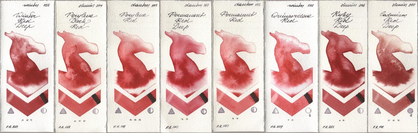 Winsor & Newton Professional 725 Winsor Red Deep, Shminke Horadam Aquarell 344 Perylene Dark Red, Daniel Smith 075 Perylene Red, 069 Permanent Red Deep, 072 Permanent Red, 548 Quinacridone Red, 346 Ruby Red Deep, 350 Cadmium Red De watercolor swatch