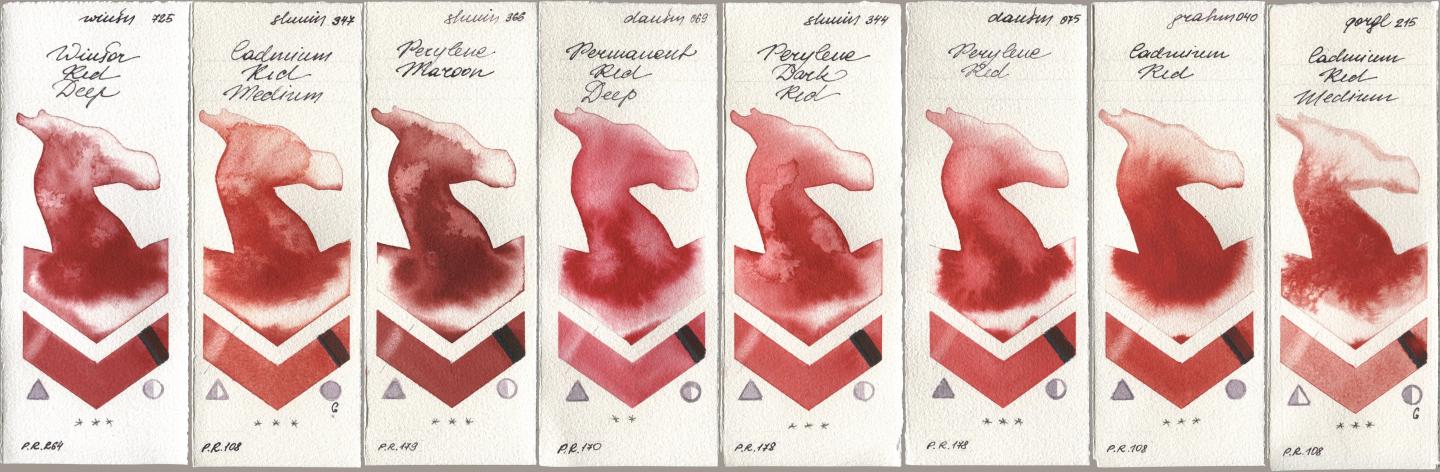 Winsor & Newton Professional 725 Winsor Red Deep, Shminke Horadam Aquarell 347 Cadmium Red Medium, 366 Perylene Maroon, Daniel Smith 069 Permanent Red Deep, 344 Perylene Dark Red, 075 Perylene Red, M. Graham & Co. Artists 040 Cadmium Red, Golden QOR 215 Cadmium Red Medi watercolor swatch