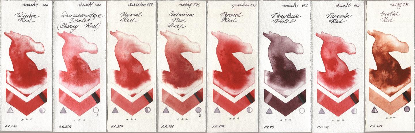 Winsor & Newton Professional 726 Winsor Red, Holbein Artists Watercolor 027 Quinacridone Scarlet (Cherry Red), Daniel Smith 084 Pyrrol Red, Rosa Gallery 774 Cadmium Red Deep, M. Graham & Co. Artists 154 Pyrrol Red, 470 Perylene Violet, 007 Pyrrole Red, 736 English R watercolor swatch