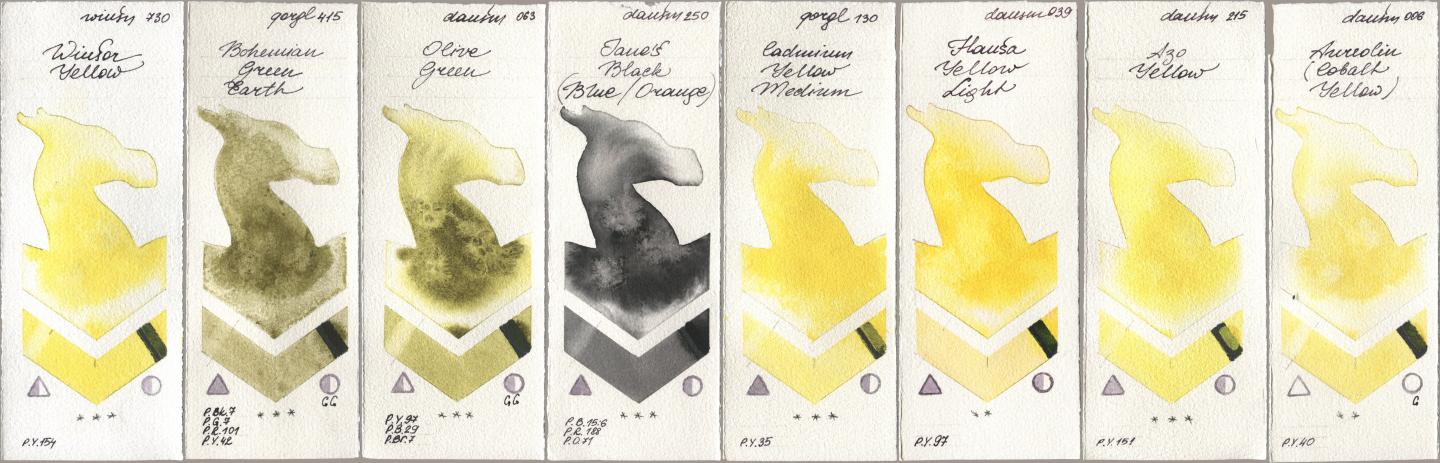 Winsor & Newton Professional 730 Winsor Yellow, Golden QOR 415 Bohemian Green Earth, Daniel Smith 063 Olive Green, 250 Janes Black (Blue/Orange), 130 Cadmium Yellow Medium, 039 Hansa Yellow Light, 215 Azo Yellow, 006 Aureolin (Cobalt Yello watercolor swatch