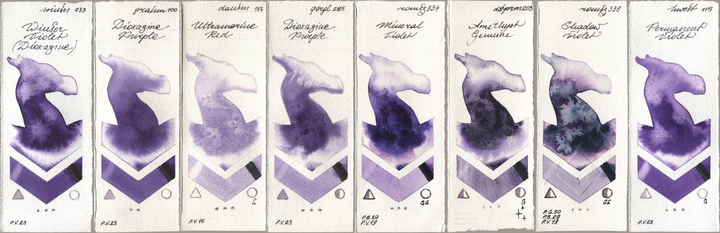 Winsor & Newton Professional 733 Winsor Violet (Dioxazine), M. Graham & Co. Artists 100 Dioxazine Purple, Daniel Smith 107 Ultramarine Red, Golden QOR 295 Dioxazine Purple, Roman Szmal Aquarius 334 Mineral Violet, 203 Amethyst Genuine, 336 Shadow Violet, Holbein Artists Watercolor 115 Permanent Viol watercolor swatch
