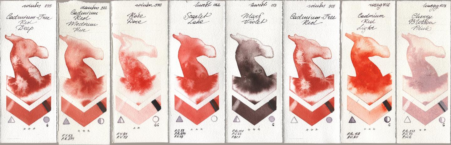 Winsor & Newton Professional 895 Cadmium-Free Red Deep, Daniel Smith 222 Cadmium Red Medium Hue, 576 Rose Dore, Holbein Artists Watercolor 022 Scarlet Lake, 113 Mars Violet, 901 Cadmium-Free Red, Rosa Gallery 706 Cadmium Red Light, 503 Cherry Blossom Pi watercolor swatch
