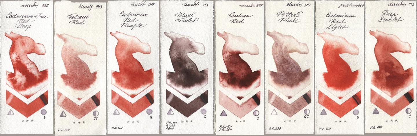 Winsor & Newton Professional 895 Cadmium-Free Red Deep, Shminke Horadam Aquarell 913 Volcano Red, Holbein Artists Watercolor 017 Cadmium Red Purple, 113 Mars Violet, Royal Talens Rembrandt Watercolour 347 Indian Red, 370 Potters Pink, M. Graham & Co. Artists 050 Cadmium Red Light, Daniel Smith 033 Deep Scarl watercolor swatch