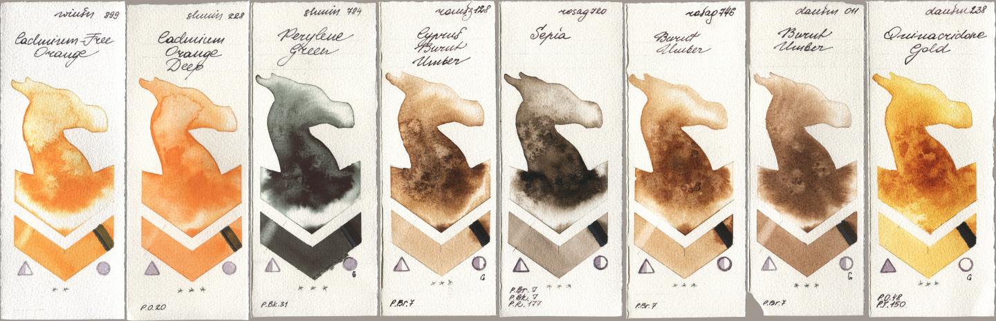 Winsor & Newton Professional 899 Cadmium-Free Orange, Shminke Horadam Aquarell 228 Cadmium Orange Deep, 784 Perylene Green, Roman Szmal Aquarius 128 Cyprus Burnt Umber, Rosa Gallery 720 Sepia, 746 Burnt Umber, Daniel Smith 011 Burnt Umber, 238 Quinacridone Go watercolor swatch