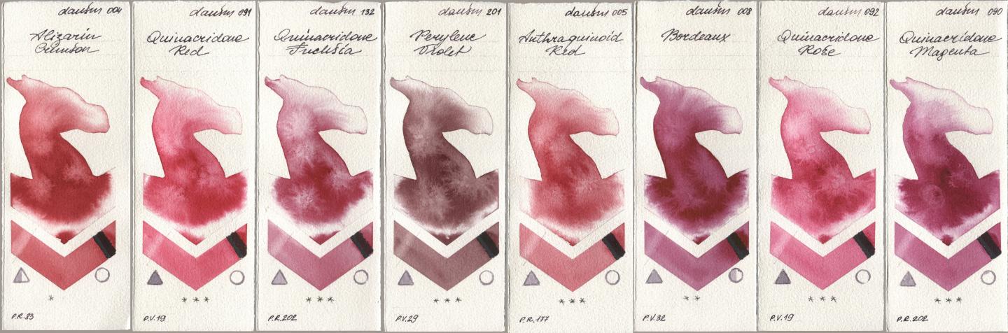Daniel Smith 004 Alizarin Crimson, 091 Quinacridone Red, 132 Quinacridone Fuchsia, 201 Perylene Violet, 005 Anthraquinoid Red, 008 Bordeaux, 092 Quinacridone Rose, 090 Quinacridone Magen watercolor swatch