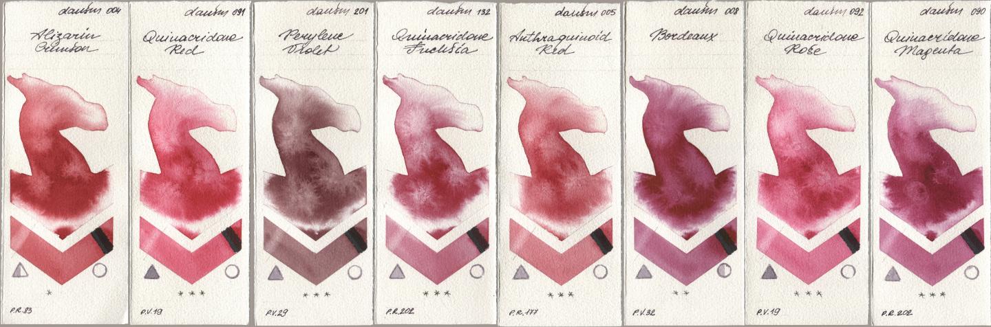 Daniel Smith 004 Alizarin Crimson, 091 Quinacridone Red, 201 Perylene Violet, 132 Quinacridone Fuchsia, 005 Anthraquinoid Red, 008 Bordeaux, 092 Quinacridone Rose, 090 Quinacridone Magen watercolor swatch