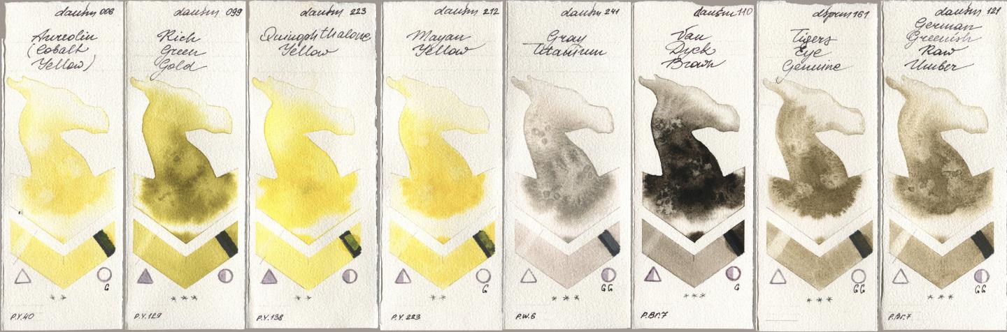 Daniel Smith 006 Aureolin (Cobalt Yellow), 099 Rich Green Gold, 223 Quinophthalone Yellow, 212 Mayan Yellow, 241 Gray Titanium, 110 Van Dyck Brown, 161 Tigers Eye Genuine, 121 German Greenish Raw Umb watercolor swatch