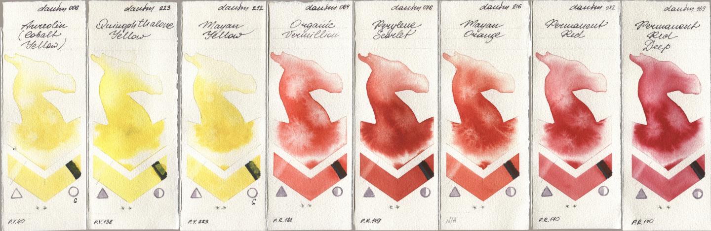 Daniel Smith 006 Aureolin (Cobalt Yellow), 223 Quinophthalone Yellow, 212 Mayan Yellow, 064 Organic Vermilion, 076 Perylene Scarlet, 216 Mayan Orange, 072 Permanent Red, 069 Permanent Red De watercolor swatch