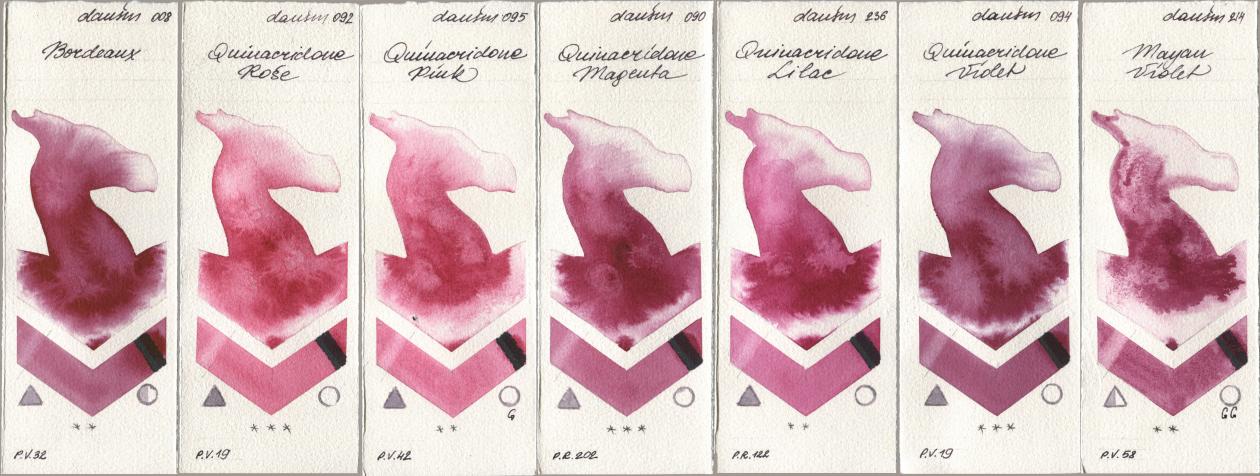 Daniel Smith 008 Bordeaux, 092 Quinacridone Rose, 095 Quinacridone Pink, 090 Quinacridone Magenta, 236 Quinacridone Lilac, 094 Quinacridone Violet, 214 Mayan Viol watercolor swatch