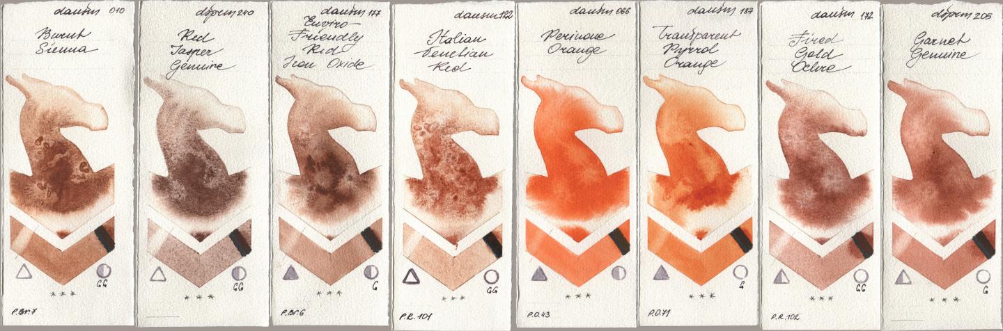 Daniel Smith 010 Burnt Sienna, 240 Red Jasper Genuine, 177 Enviro-Friendly Red Iron Oxide, 122 Italian Venetian Red, 066 Perinone Orange, 187 Transparent Pyrrol Orange, 172 Fired Gold Ochre, 205 Garnet Genui watercolor swatch