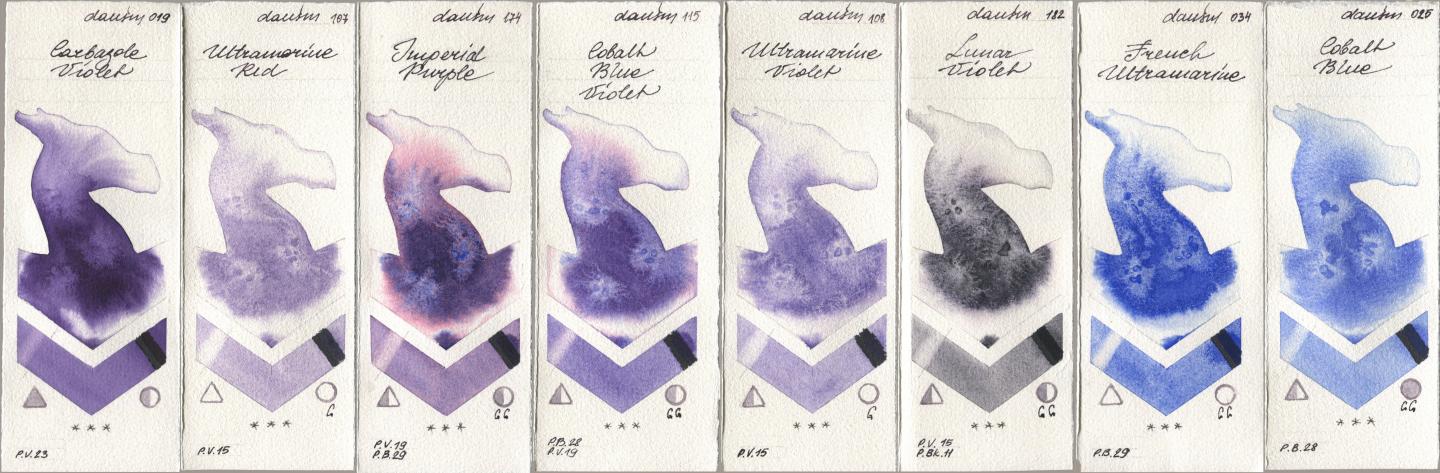 Daniel Smith 019 Carbazole Violet, 107 Ultramarine Red, 174 Imperial Purple, 115 Cobalt Blue Violet, 108 Ultramarine Violet, 182 Lunar Violet, 034 French Ultramarine, 025 Cobalt Bl watercolor swatch