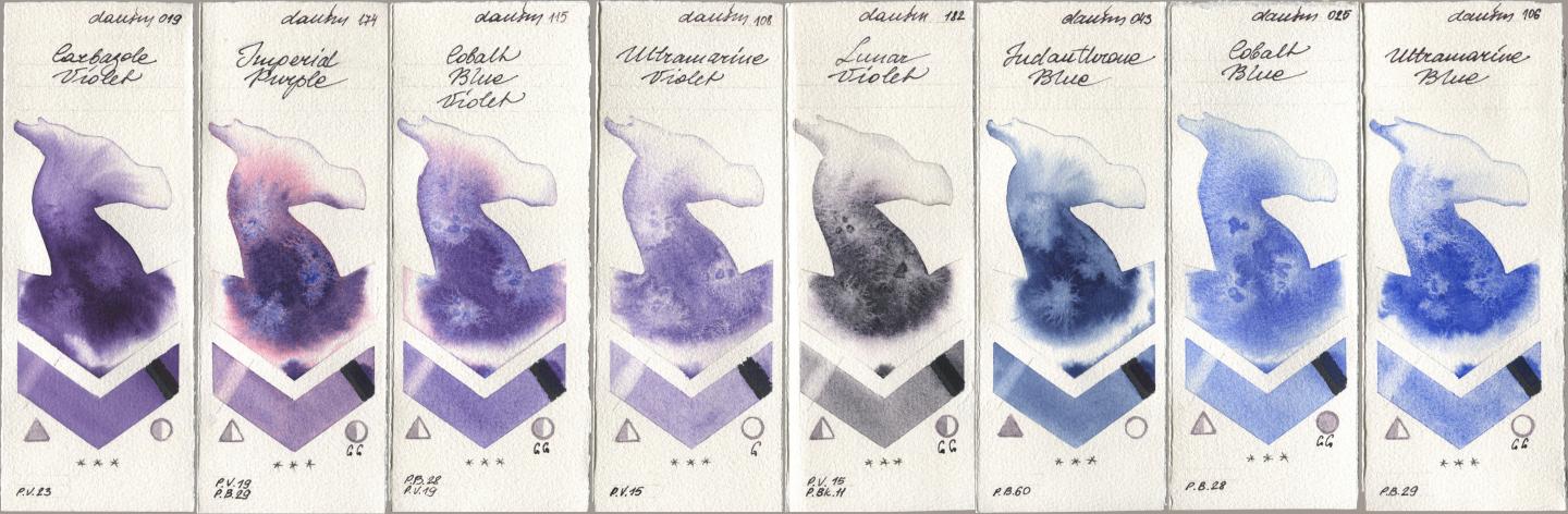 Daniel Smith 019 Carbazole Violet, 174 Imperial Purple, 115 Cobalt Blue Violet, 108 Ultramarine Violet, 182 Lunar Violet, 043 Indanthrone Blue, 025 Cobalt Blue, 106 Ultramarine Bl watercolor swatch