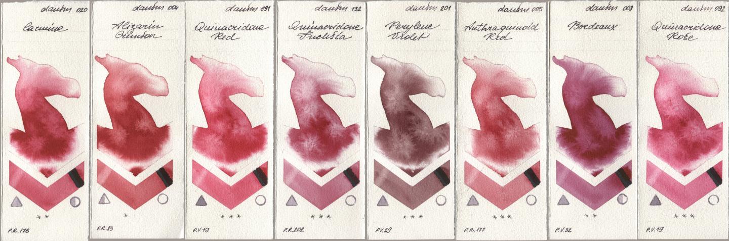 Daniel Smith 020 Carmine, 004 Alizarin Crimson, 091 Quinacridone Red, 132 Quinacridone Fuchsia, 201 Perylene Violet, 005 Anthraquinoid Red, 008 Bordeaux, 092 Quinacridone Ro watercolor swatch