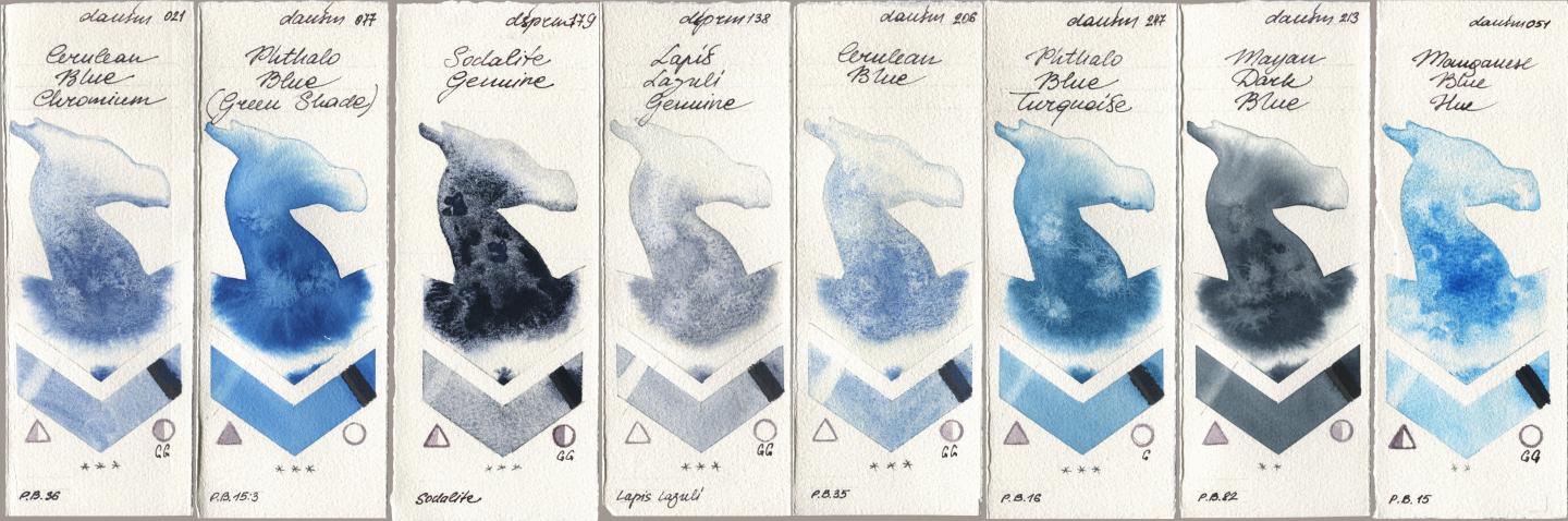 Daniel Smith 021 Cerulean Blue Chromium, 077 Phthalo Blue (Green Shade), 179 Sodalite Genuine, 138 Lapis Lazuli Genuine, 206 Cerulean Blue, 247 Phthalo Blue Turquoise, 213 Mayan Dark Blue, 051 Manganese Blue H watercolor swatch