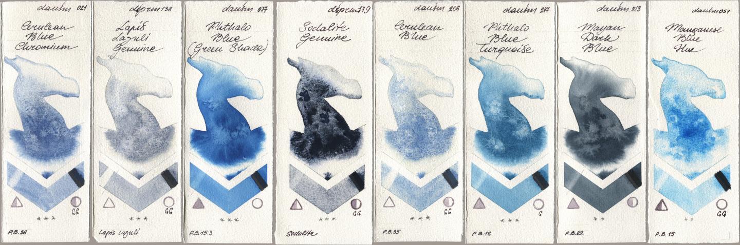 Daniel Smith 021 Cerulean Blue Chromium, 138 Lapis Lazuli Genuine, 077 Phthalo Blue (Green Shade), 179 Sodalite Genuine, 206 Cerulean Blue, 247 Phthalo Blue Turquoise, 213 Mayan Dark Blue, 051 Manganese Blue H watercolor swatch