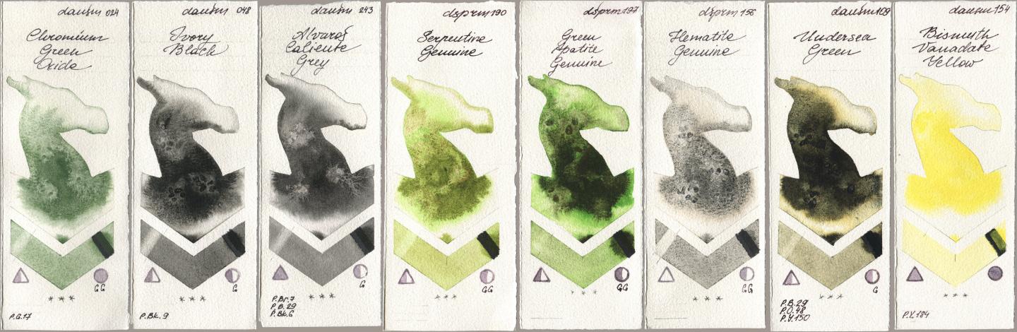 Daniel Smith 024 Chromium Green Oxide, 048 Ivory Black, 243 Alvaros Caliente Grey, 190 Serpentine Genuine, 197 Green Apatite Genuine, 156 Hematite Genuine, 109 Undersea Green, 154 Bismuth Vanadate Yell watercolor swatch