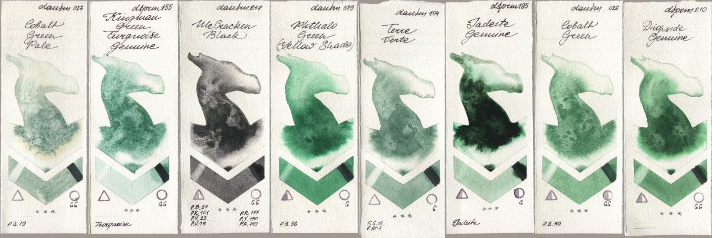Daniel Smith 027 Cobalt Green Pale, 155 Kingman Green Turquoise Genuine, 248 McCracken Black, 079 Phthalo Green (Yellow Shade), 104 Terre Verte, 195 Jadeite Genuine, 026 Cobalt Green, 210 Diopside Genui watercolor swatch