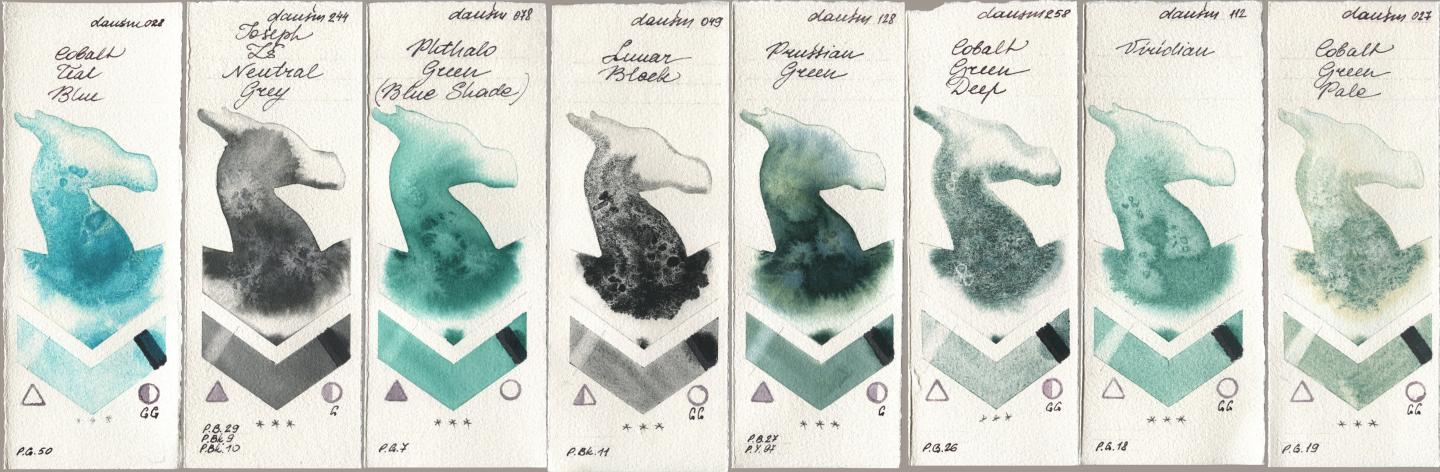 Daniel Smith 028 Cobalt Teal Blue, 244 Joseph Zs Neutral Grey, 078 Phthalo Green (Blue Shade), 049 Lunar Black, 128 Prussian Green, 258 Cobalt Green Deep, 112 Viridian, 027 Cobalt Green Pa watercolor swatch