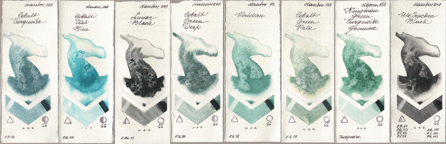 Daniel Smith 029 Cobalt Turquoise, 028 Cobalt Teal Blue, 049 Lunar Black, 258 Cobalt Green Deep, 112 Viridian, 027 Cobalt Green Pale, 155 Kingman Green Turquoise Genuine, 248 McCracken Bla watercolor swatch