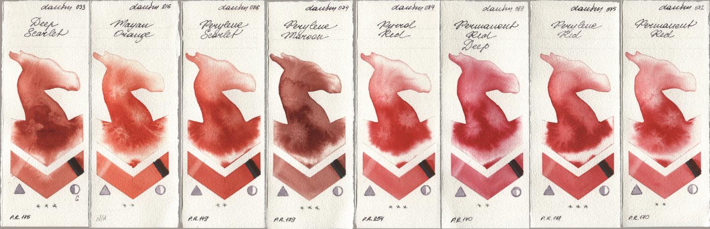 Daniel Smith 033 Deep Scarlet, 216 Mayan Orange, 076 Perylene Scarlet, 074 Perylene Maroon, 084 Pyrrol Red, 069 Permanent Red Deep, 075 Perylene Red, 072 Permanent R watercolor swatch