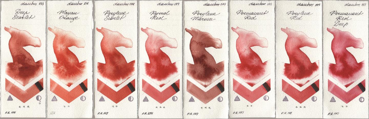 Daniel Smith 033 Deep Scarlet, 216 Mayan Orange, 076 Perylene Scarlet, 084 Pyrrol Red, 074 Perylene Maroon, 072 Permanent Red, 075 Perylene Red, 069 Permanent Red De watercolor swatch