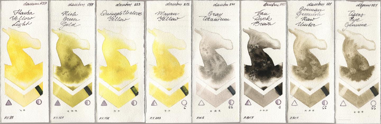 Daniel Smith 039 Hansa Yellow Light, 099 Rich Green Gold, 223 Quinophthalone Yellow, 212 Mayan Yellow, 241 Gray Titanium, 110 Van Dyck Brown, 121 German Greenish Raw Umber, 161 Tigers Eye Genui watercolor swatch