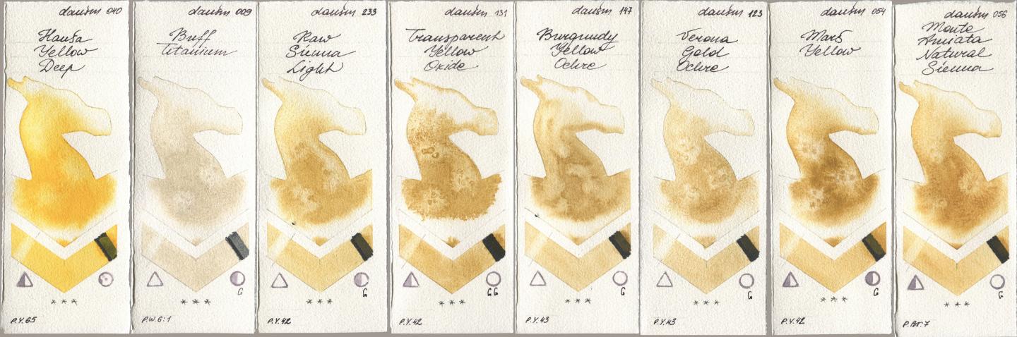 Daniel Smith 040 Hansa Yellow Deep, 009 Buff Titanium, 233 Raw Sienna Light, 131 Transparent Yellow Oxide, 147 Burgundy Yellow Ochre, 123 Verona Gold Ochre, 054 Mars Yellow, 056 Monte Amiata Natural Sien watercolor swatch