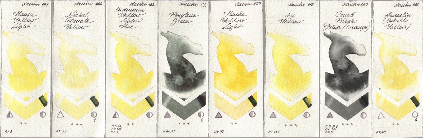 Daniel Smith 041 Hansa Yellow Light, 062 Nickel Titanate Yellow, 192 Cadmium Yellow Light Hue, 194 Perylene Green, 039 Hansa Yellow Light, 215 Azo Yellow, 250 Janes Black (Blue/Orange), 006 Aureolin (Cobalt Yello watercolor swatch