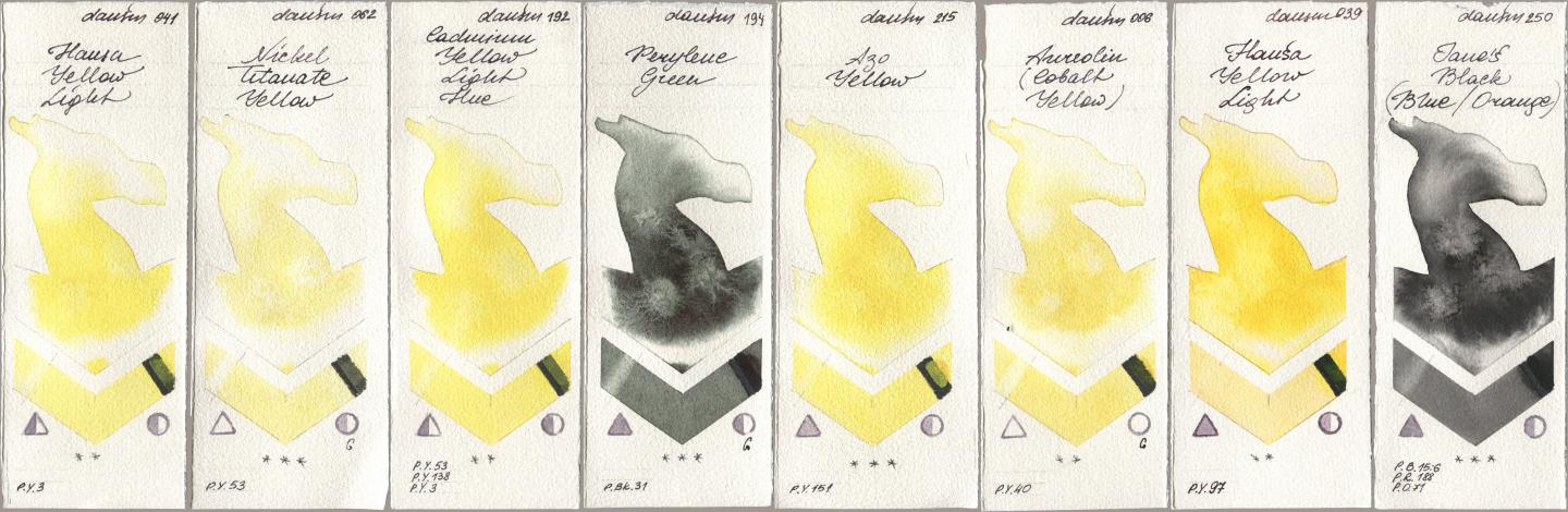 Daniel Smith 041 Hansa Yellow Light, 062 Nickel Titanate Yellow, 192 Cadmium Yellow Light Hue, 194 Perylene Green, 215 Azo Yellow, 006 Aureolin (Cobalt Yellow), 039 Hansa Yellow Light, 250 Janes Black (Blue/Orang watercolor swatch