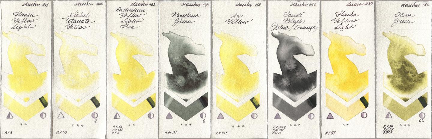 Daniel Smith 041 Hansa Yellow Light, 062 Nickel Titanate Yellow, 192 Cadmium Yellow Light Hue, 194 Perylene Green, 215 Azo Yellow, 250 Janes Black (Blue/Orange), 039 Hansa Yellow Light, 063 Olive Gre watercolor swatch