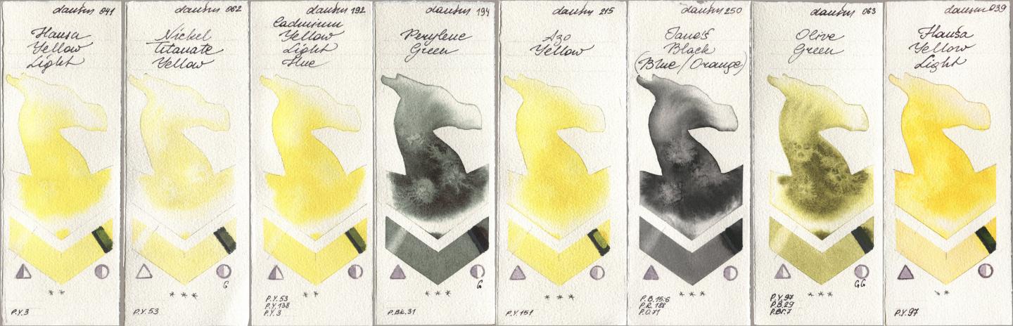 Daniel Smith 041 Hansa Yellow Light, 062 Nickel Titanate Yellow, 192 Cadmium Yellow Light Hue, 194 Perylene Green, 215 Azo Yellow, 250 Janes Black (Blue/Orange), 063 Olive Green, 039 Hansa Yellow Lig watercolor swatch