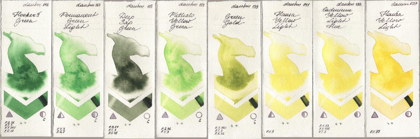 Daniel Smith 042 Hookers Green, 067 Permanent Green Light, 175 Deep Sap Green, 124 Phthalo Yellow Green, 139 Green Gold, 041 Hansa Yellow Light, 192 Cadmium Yellow Light Hue, 039 Hansa Yellow Lig watercolor swatch