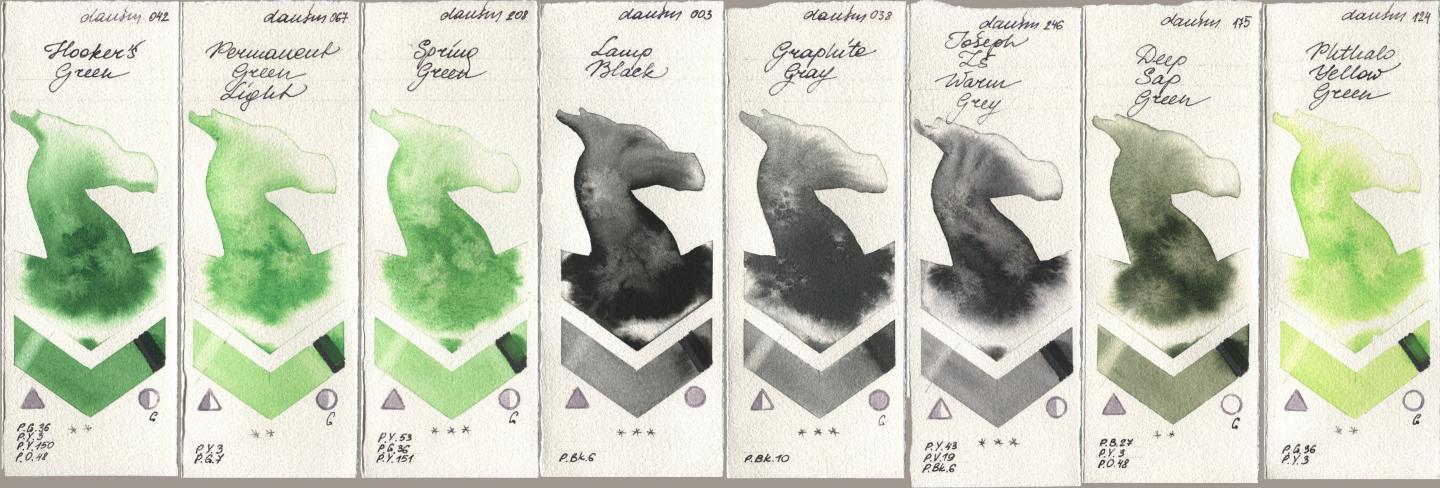 Daniel Smith 042 Hookers Green, 067 Permanent Green Light, 208 Spring Green, 003 Lamp Black, 038 Graphite Gray, 246 Joseph Zs Warm Grey, 175 Deep Sap Green, 124 Phthalo Yellow Gre watercolor swatch