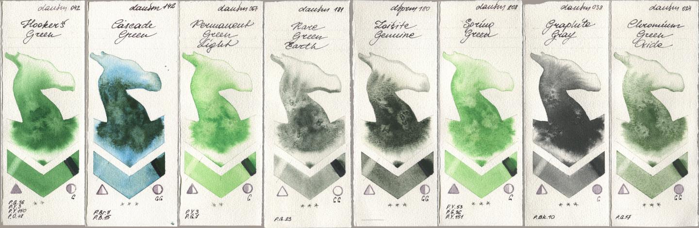 Daniel Smith 042 Hookers Green, 142 Cascade Green, 067 Permanent Green Light, 181 Rare Green Earth, 180 Zoisite Genuine, 208 Spring Green, 038 Graphite Gray, 024 Chromium Green Oxi watercolor swatch