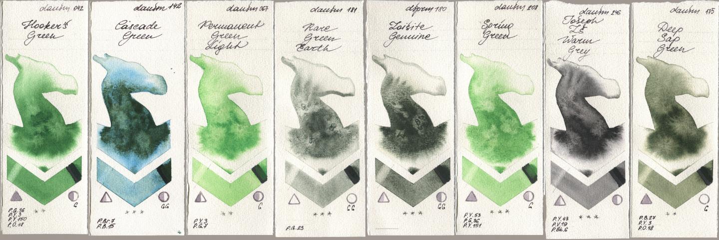 Daniel Smith 042 Hookers Green, 142 Cascade Green, 067 Permanent Green Light, 181 Rare Green Earth, 180 Zoisite Genuine, 208 Spring Green, 246 Joseph Zs Warm Grey, 175 Deep Sap Gre watercolor swatch