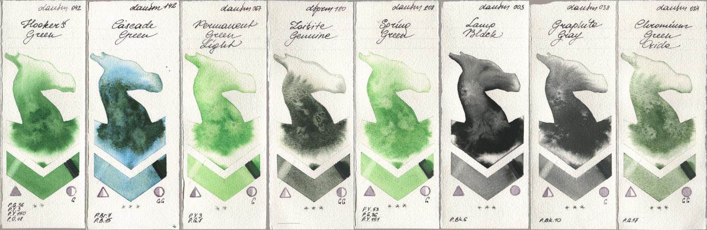 Daniel Smith 042 Hookers Green, 142 Cascade Green, 067 Permanent Green Light, 180 Zoisite Genuine, 208 Spring Green, 003 Lamp Black, 038 Graphite Gray, 024 Chromium Green Oxi watercolor swatch