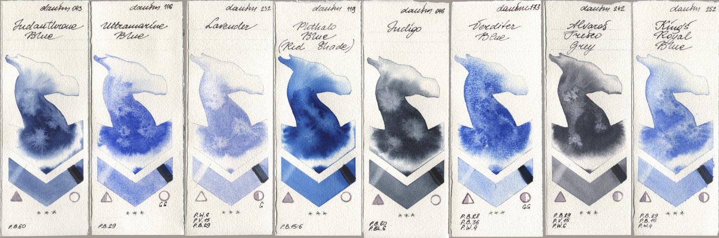 Daniel Smith 043 Indanthrone Blue, 106 Ultramarine Blue, 232 Lavender, 119 Phthalo Blue (Red Shade), 046 Indigo, 173 Verditer Blue, 242 Alvaros Fresco Grey, 252 King’s Royal Bl watercolor swatch