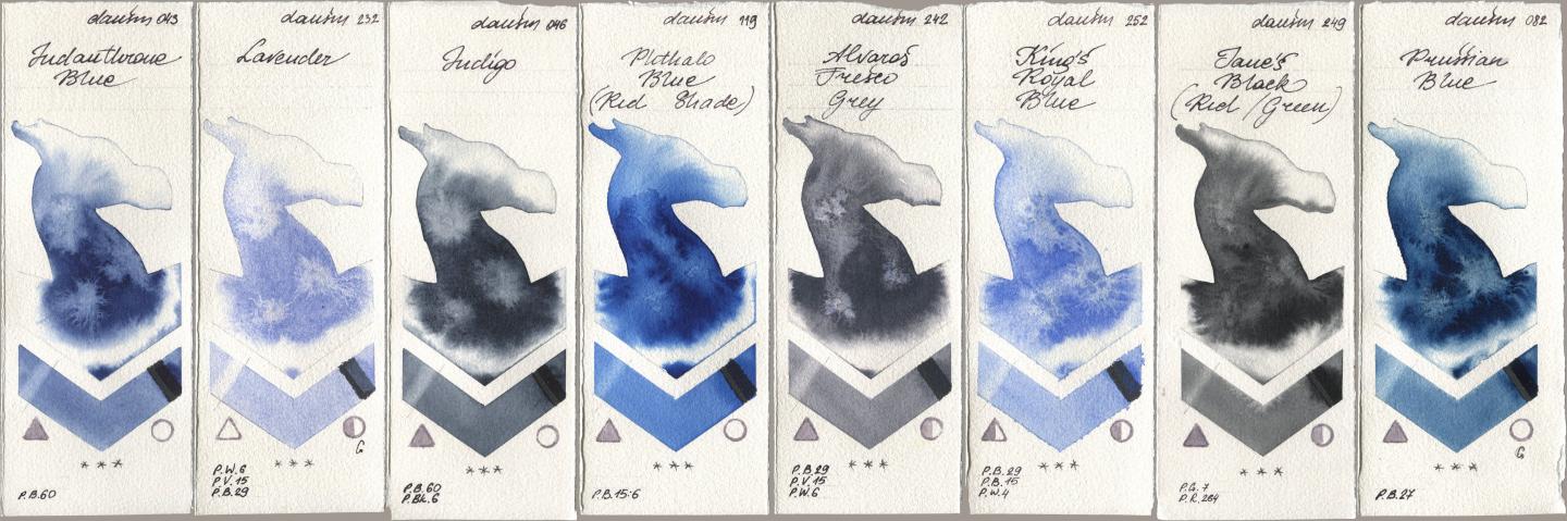 Daniel Smith 043 Indanthrone Blue, 232 Lavender, 046 Indigo, 119 Phthalo Blue (Red Shade), 242 Alvaros Fresco Grey, 252 King’s Royal Blue, 249 Janes Black (Red/Green), 082 Prussian Bl watercolor swatch