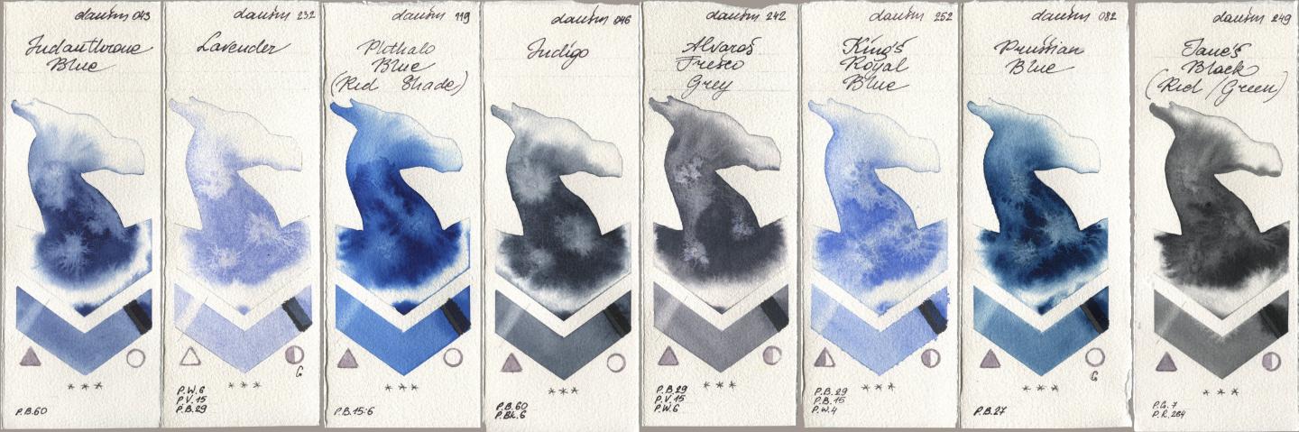 Daniel Smith 043 Indanthrone Blue, 232 Lavender, 119 Phthalo Blue (Red Shade), 046 Indigo, 242 Alvaros Fresco Grey, 252 King’s Royal Blue, 082 Prussian Blue, 249 Janes Black (Red/Gree watercolor swatch