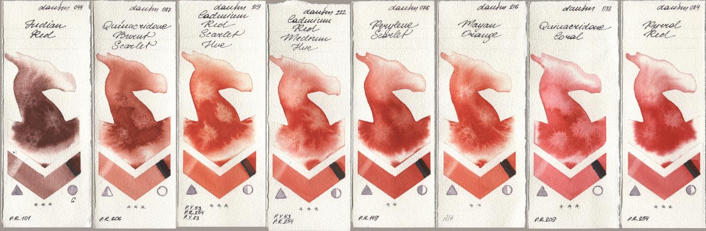 Daniel Smith 044 Indian Red, 087 Quinacridone Burnt Scarlet, 219 Cadmium Red Scarlet Hue, 222 Cadmium Red Medium Hue, 076 Perylene Scarlet, 216 Mayan Orange, 088 Quinacridone Coral, 084 Pyrrol R watercolor swatch