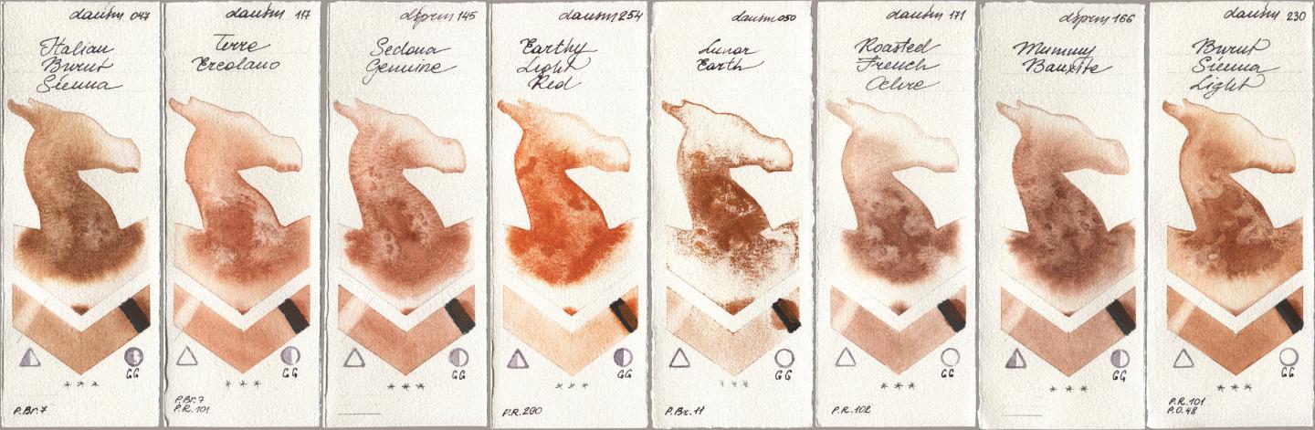 Daniel Smith 047 Italian Burnt Sienna, 117 Terre Ercolano, 145 Sedona Genuine, 254 Earthy Light Red, 050 Lunar Earth, 171 Roasted French Ochre, 166 Mummy Bauxite, 230 Burnt Sienna Lig watercolor swatch