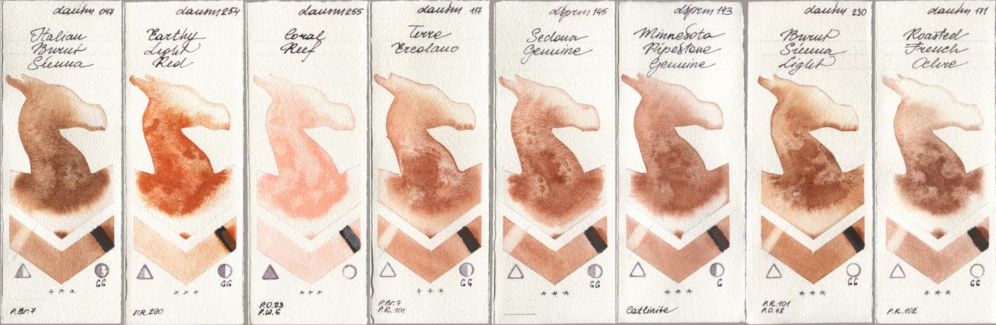 Daniel Smith 047 Italian Burnt Sienna, 254 Earthy Light Red, 255 Coral Reef, 117 Terre Ercolano, 145 Sedona Genuine, 143 Minnesota Pipestone Genuine, 230 Burnt Sienna Light, 171 Roasted French Och watercolor swatch