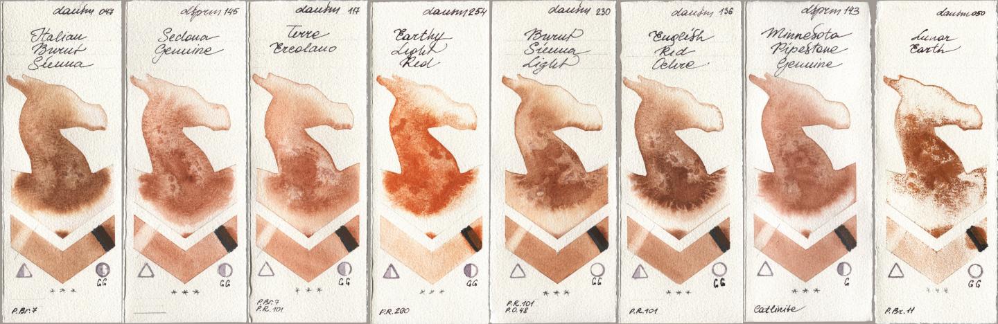 Daniel Smith 047 Italian Burnt Sienna, 145 Sedona Genuine, 117 Terre Ercolano, 254 Earthy Light Red, 230 Burnt Sienna Light, 136 English Red Ochre, 143 Minnesota Pipestone Genuine, 050 Lunar Ear watercolor swatch