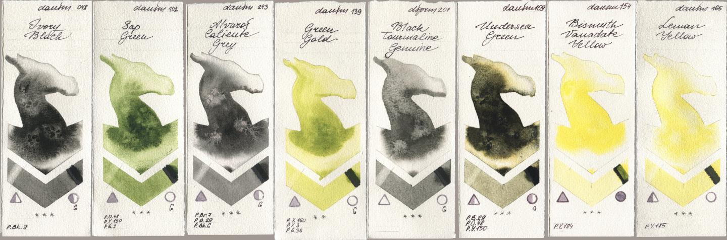 Daniel Smith 048 Ivory Black, 102 Sap Green, 243 Alvaros Caliente Grey, 139 Green Gold, 207 Black Tourmaline Genuine, 109 Undersea Green, 154 Bismuth Vanadate Yellow, 165 Lemon Yell watercolor swatch