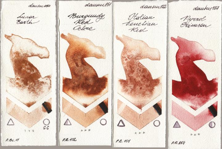 Daniel Smith 050 Lunar Earth vs 151 Burgundy Red Ochre vs 122 Italian Venetian Red vs 127 Pyrrol Crimson watercolor swatch