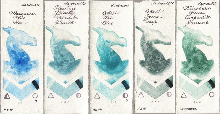Daniel Smith 051 Manganese Blue Hue vs 150 Sleeping Beauty Turquoise Genuine vs 028 Cobalt Teal Blue vs 258 Cobalt Green Deep vs 155 Kingman Green Turquoise Genuine watercolor swatch