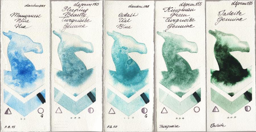 Daniel Smith 051 Manganese Blue Hue vs 150 Sleeping Beauty Turquoise Genuine vs 028 Cobalt Teal Blue vs 155 Kingman Green Turquoise Genuine vs 195 Jadeite Genuine watercolor swatch